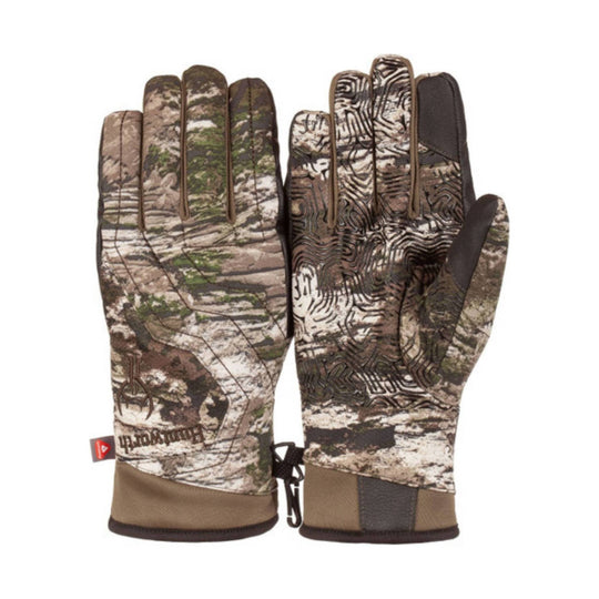 Camouflage insulated gloves with dark palm grips, shown pair front view