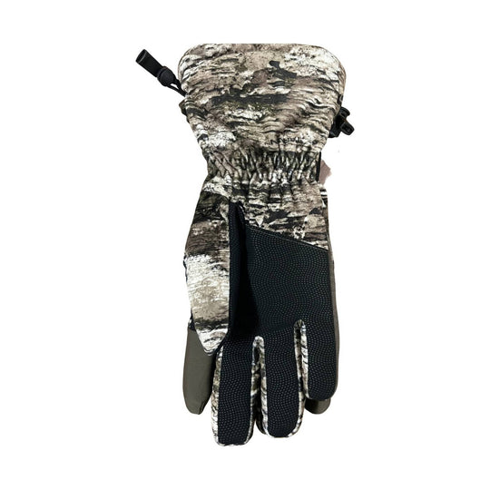Camouflage insulated hunting glove with black textured palm and drawcord cuff