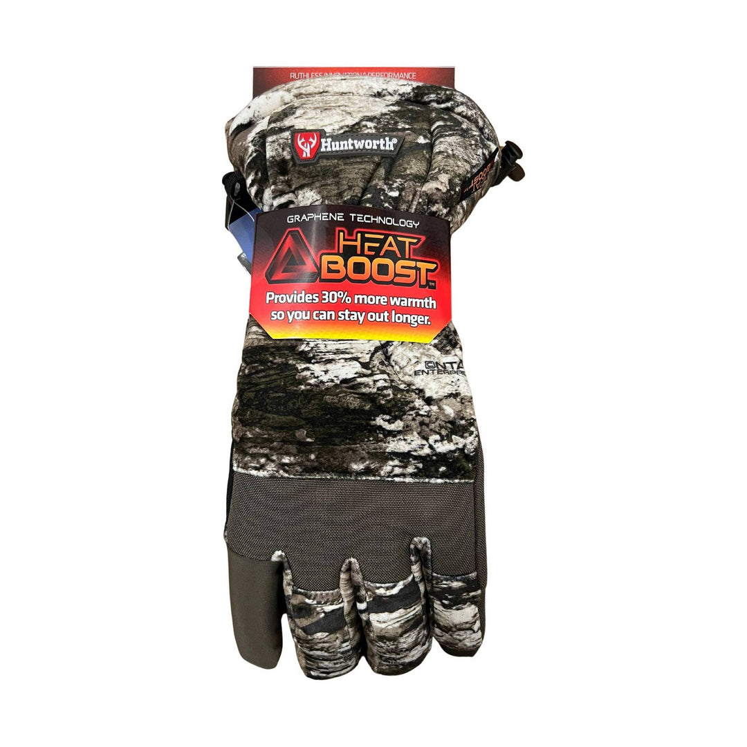 Camouflage insulated hunting glove with Heat Boost tag and black palm