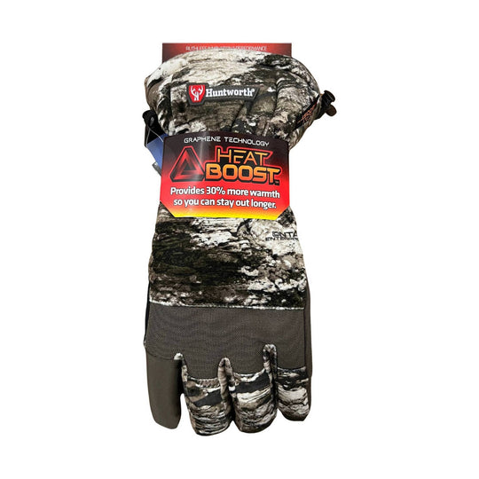 Camouflage insulated hunting glove with Heat Boost tag and black palm