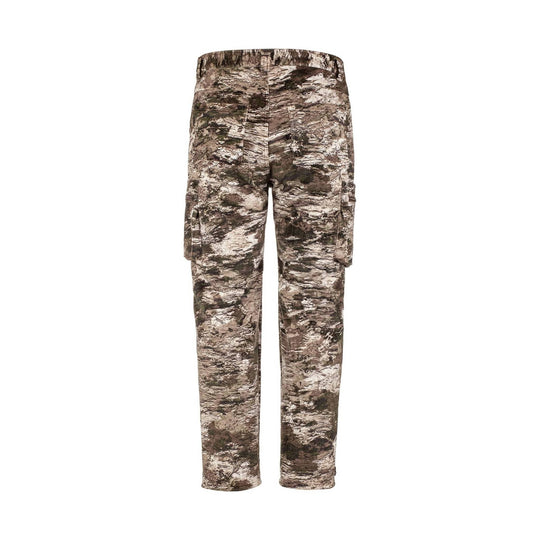 Camouflage cargo pants with side leg pockets and tapered cuffs
