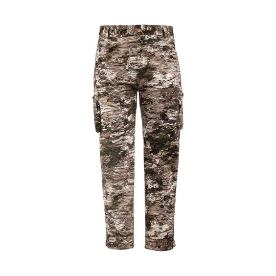 Camouflage cargo pants with elastic waistband, button closure, and side cargo pockets