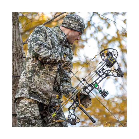 Camouflage hunting jacket and pants with beanie, worn by a bow hunter in a tree stand