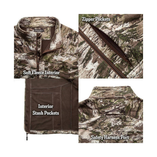 Camo fleece jacket shown with callouts for soft fleece interior, zipper pockets, interior stash pockets, and safety harness port