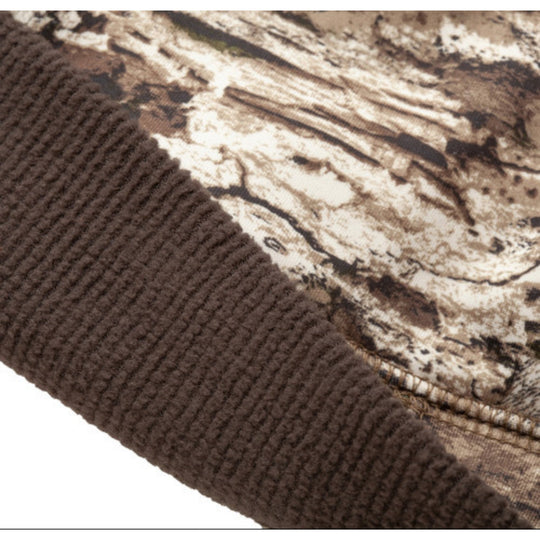 Brown ribbed fleece beanie with tan camo-patterned trim