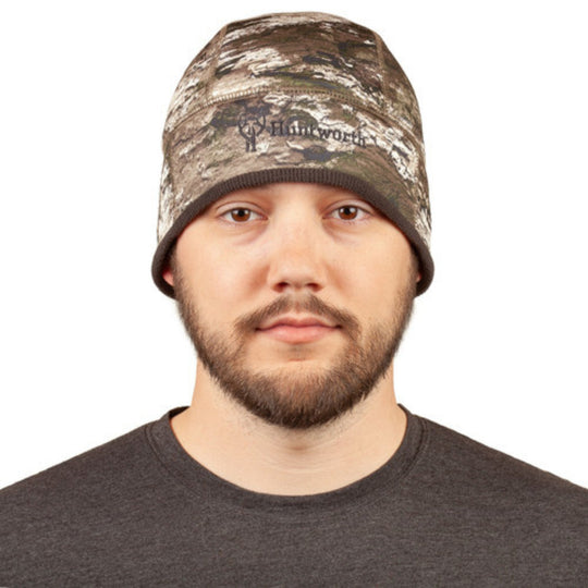 Camouflage fleece beanie with a folded cuff and small front logo text