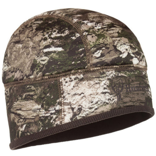 Camouflage knit beanie with brown trim and visible logo on the cuff