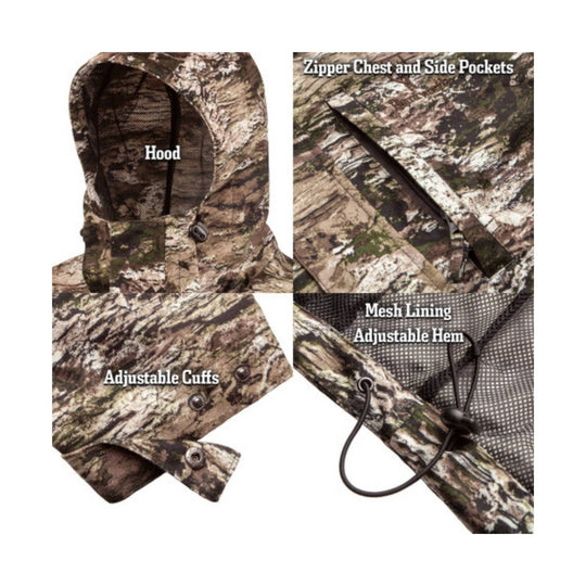 Camo hooded jacket details with mesh lining, zipper chest and side pockets, adjustable cuffs, and adjustable hem