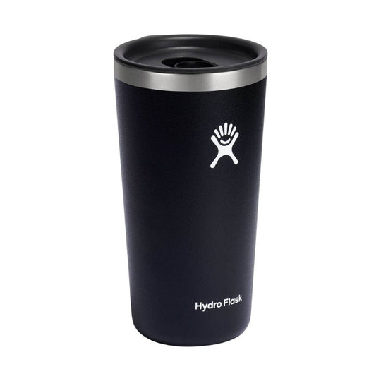 Black insulated tumbler with a stainless steel rim and white logo on the front
