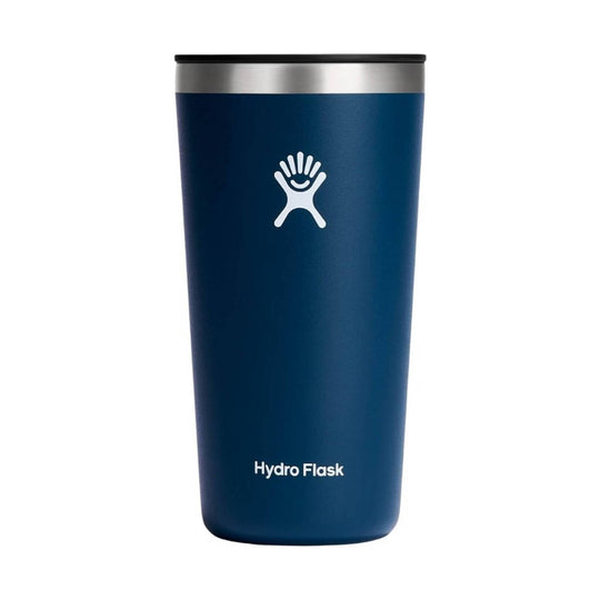 Dark blue insulated tumbler with a silver lid and white Hydro Flask logo