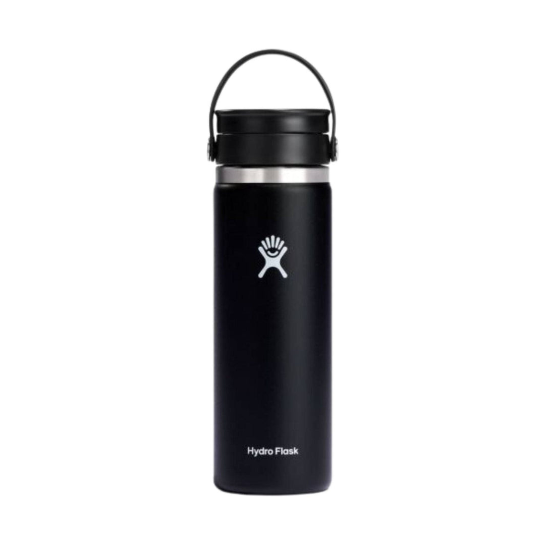 Black insulated bottle with a carry handle and silver band, showing Hydro Flask logo and text