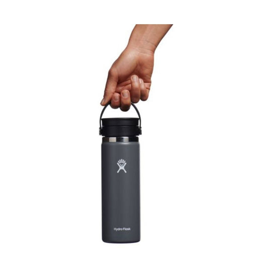 Dark gray insulated water bottle with black handle lid and small Hydro Flask logo