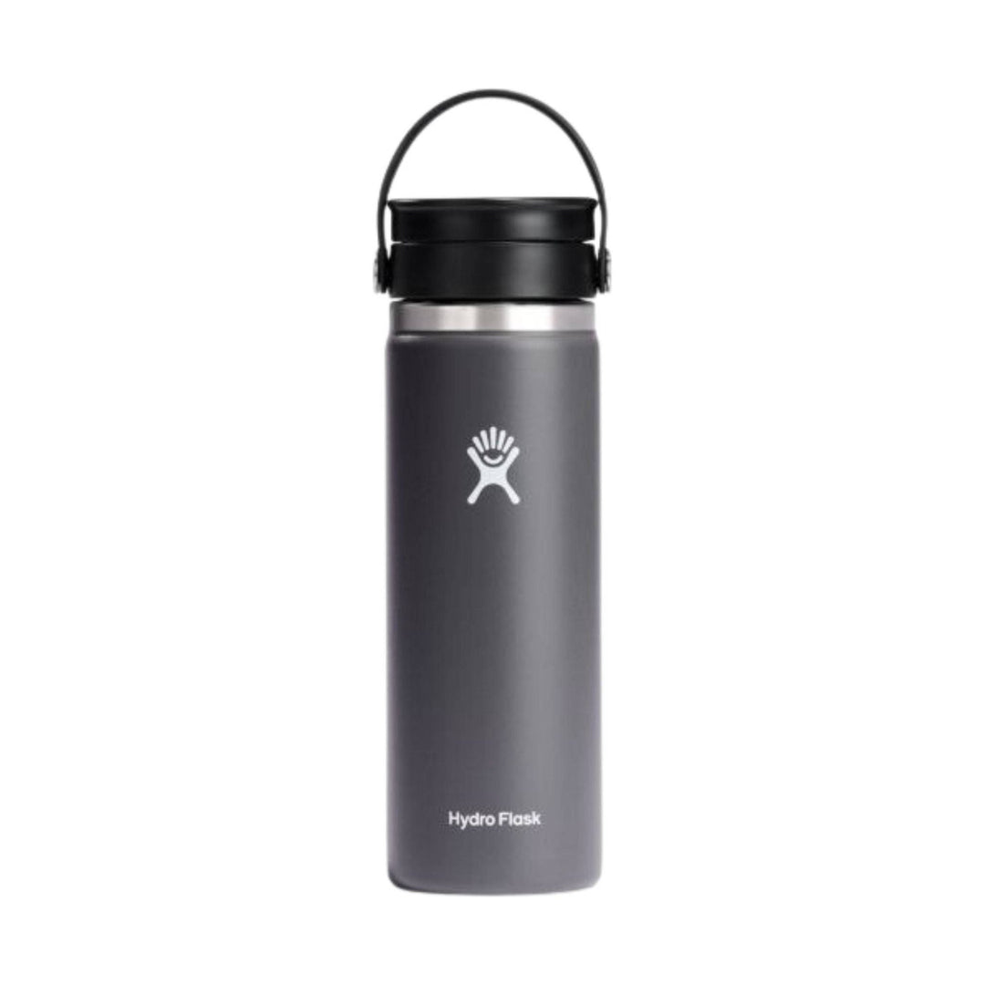 Dark gray insulated water bottle with black handle lid and Hydro Flask logo