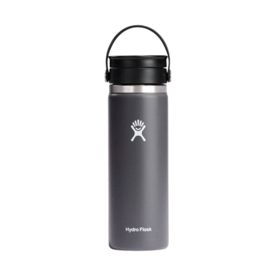 Dark gray insulated water bottle with black handle lid and Hydro Flask logo