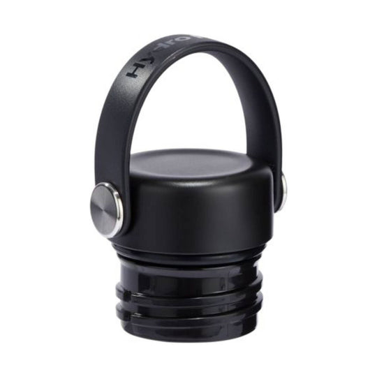 Black insulated water bottle with a loop handle and screw-on cap
