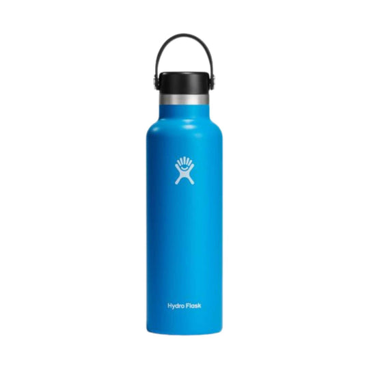 Blue insulated water bottle with black cap and carry handle, labeled Hydro Flask