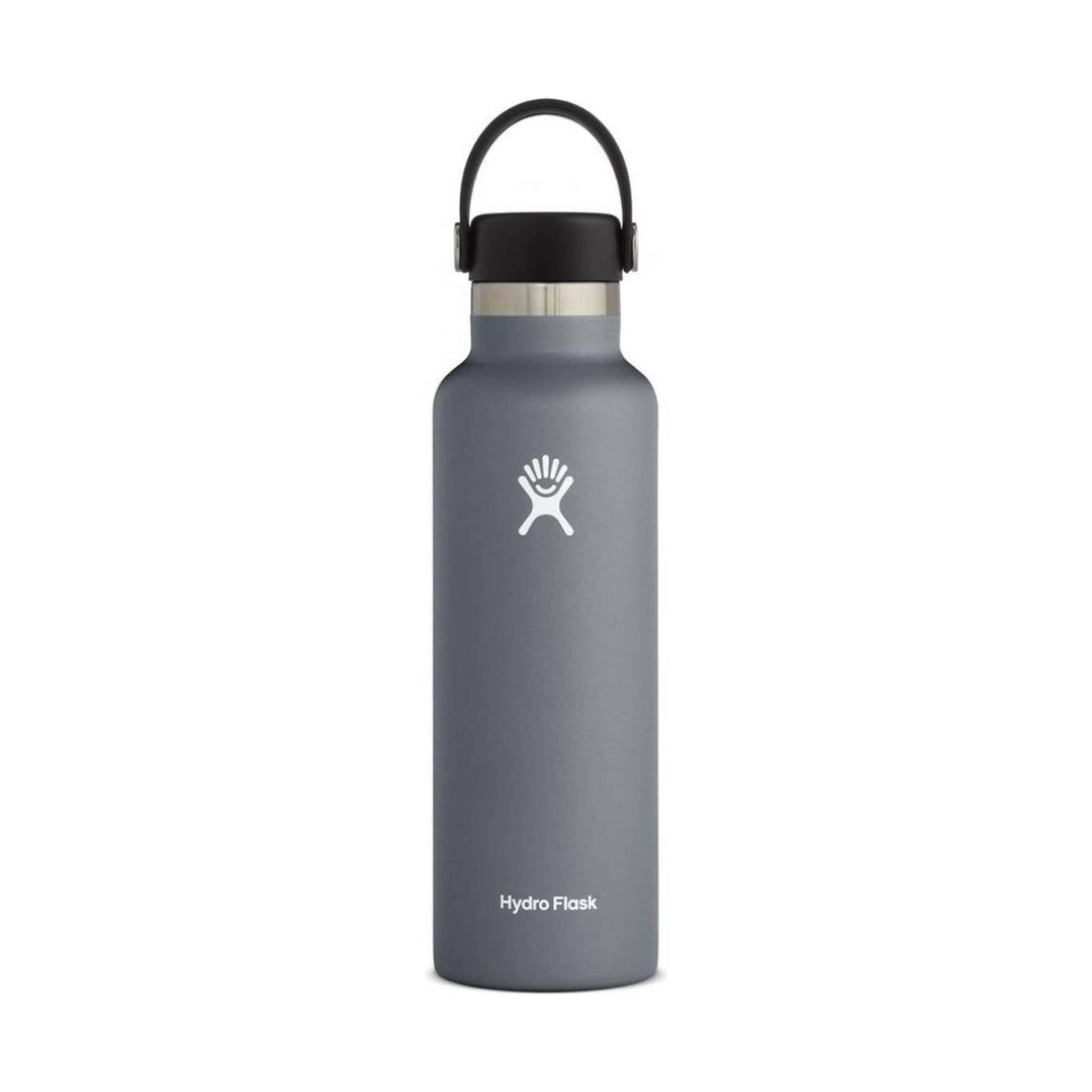 Gray insulated water bottle with black carry loop and Hydro Flask logo