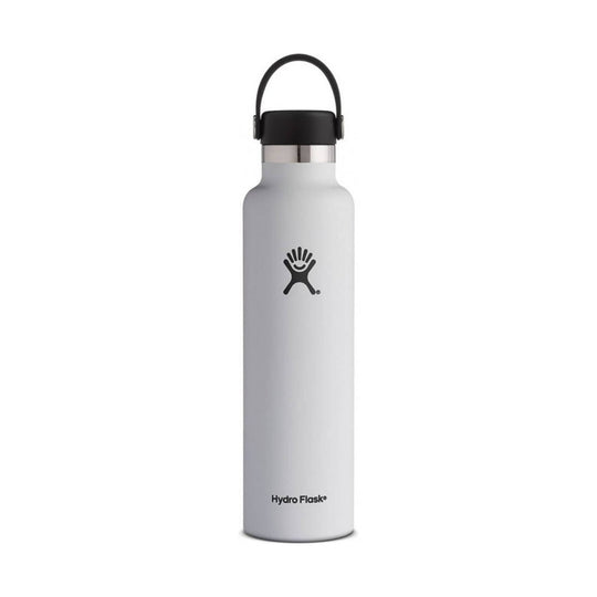 White insulated water bottle with black screw-on cap and carry loop
