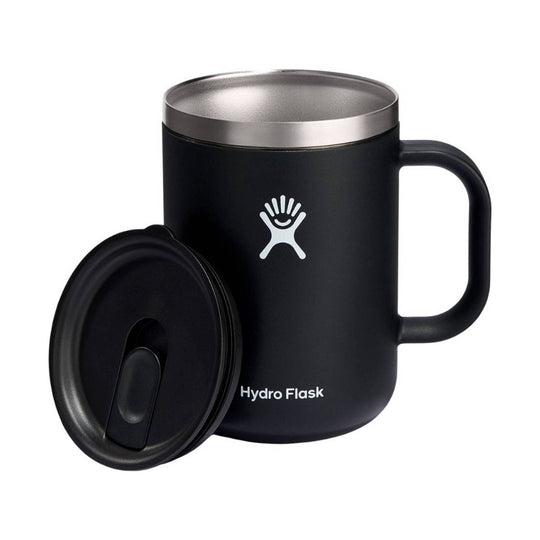 Black insulated travel mug with a stainless steel rim and lid, shown with a matching black lid in front