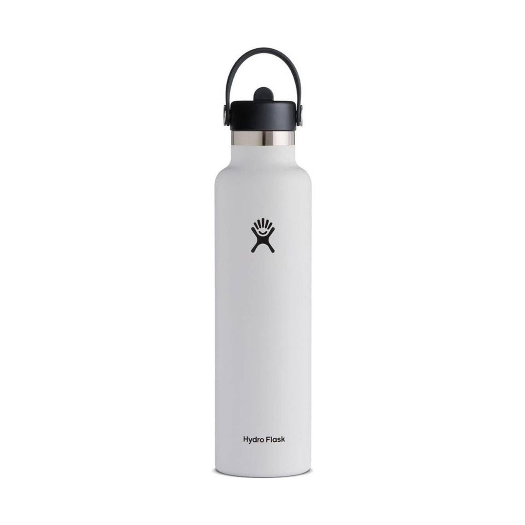 White insulated water bottle with black carry handle and lid, with Hydro Flask logo
