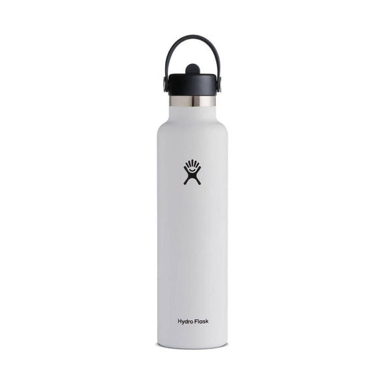 White insulated water bottle with black carry handle and lid, with Hydro Flask logo