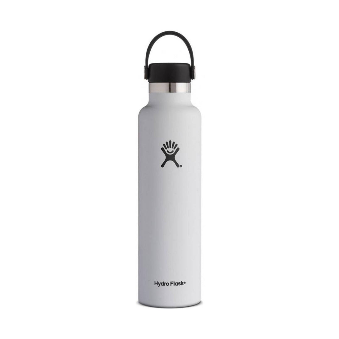 White insulated water bottle with black carrying loop and logo