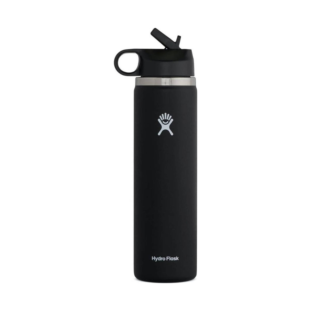Black insulated water bottle with flip straw lid and carry loop