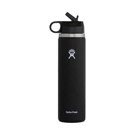 Black insulated water bottle with flip straw lid and carry loop