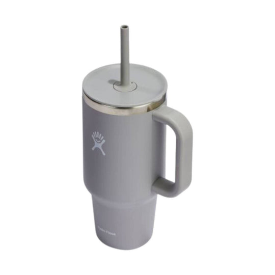Light gray handled travel tumbler with lid and straw