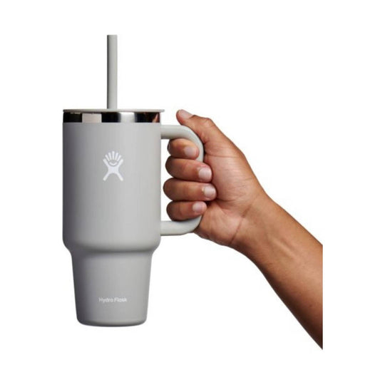 Gray insulated travel tumbler with handle, lid, and straw, shown being held in a hand