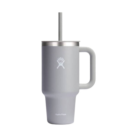Tall light gray insulated travel tumbler with handle, lid, and straw
