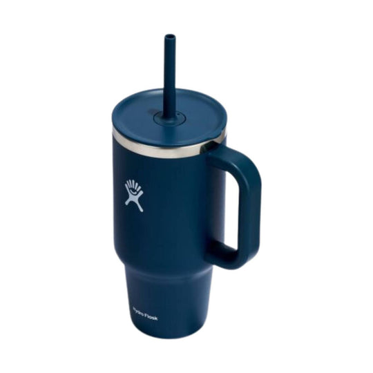 Blue insulated travel tumbler with handle and straw lid
