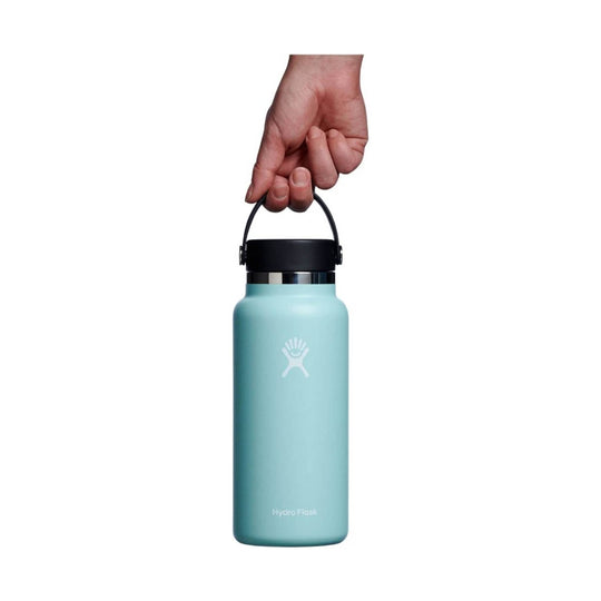Light blue reusable water bottle with a black lid and carry handle