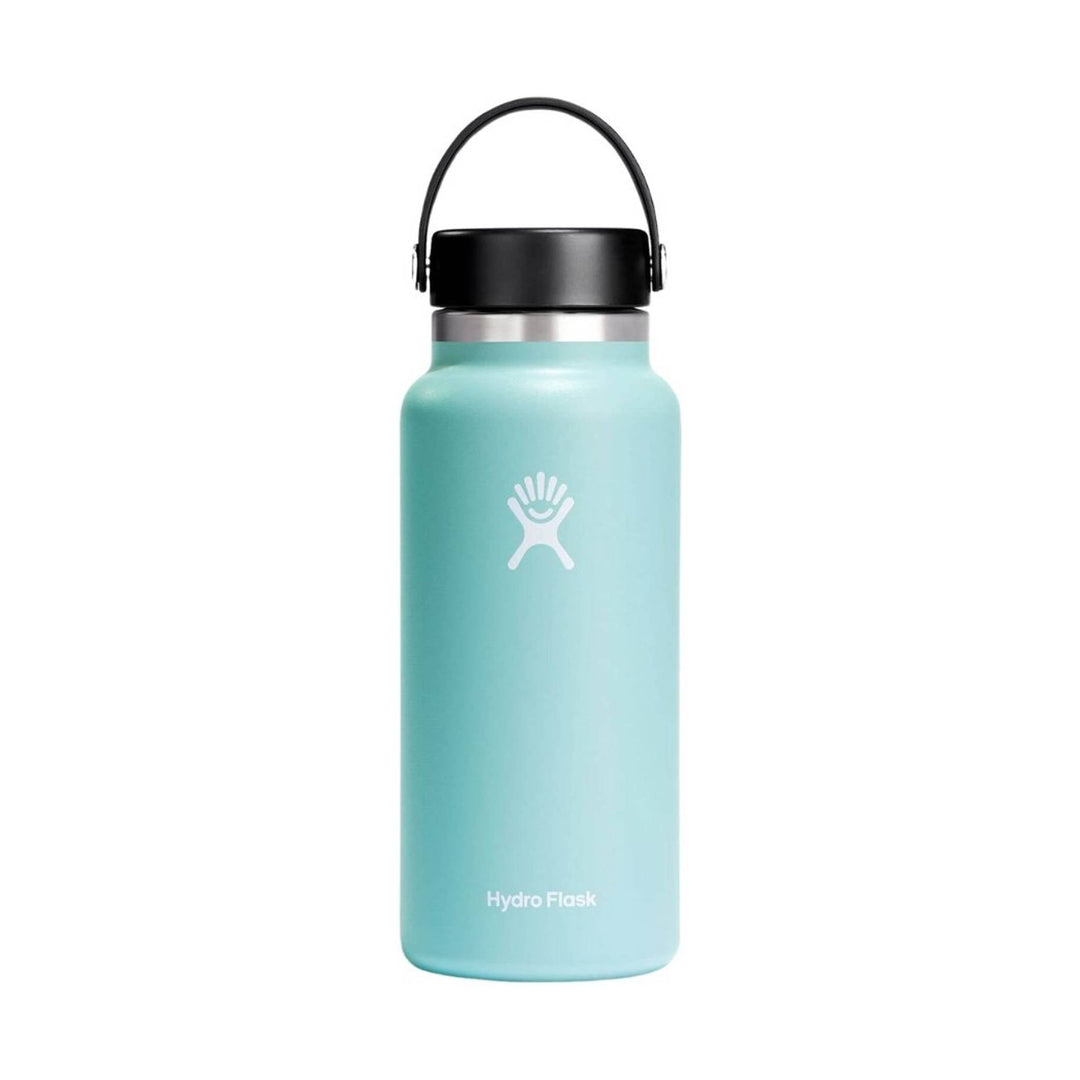 Mint blue insulated water bottle with black lid and carry handle