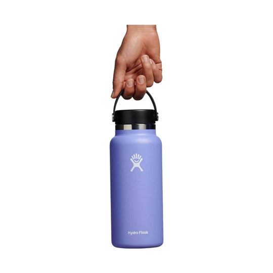 Purple insulated water bottle with black lid and carry handle