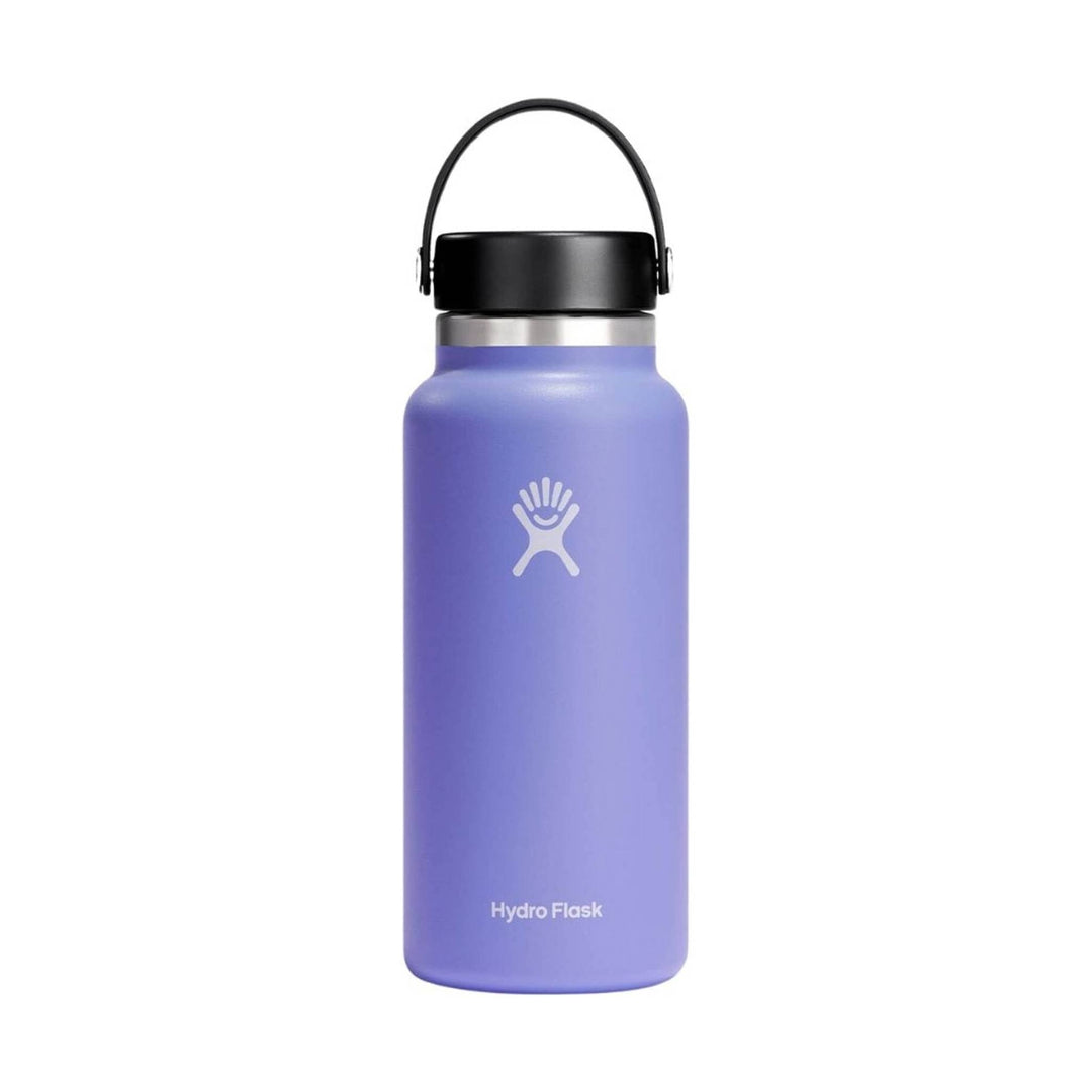 Purple insulated water bottle with black screw-on lid and carry handle