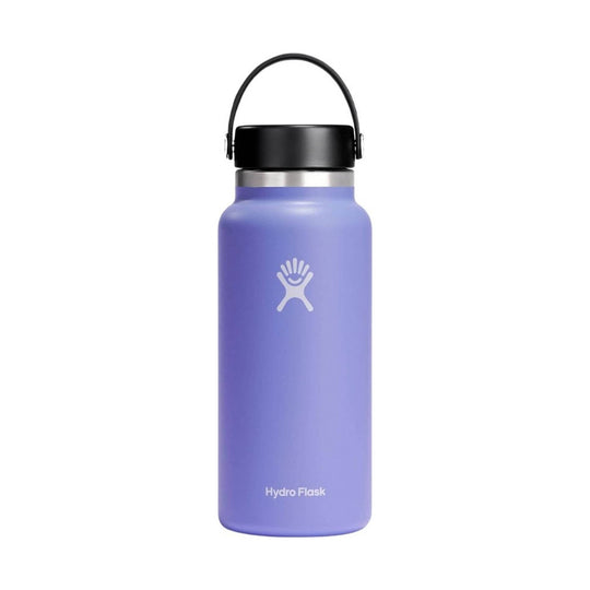 Purple insulated water bottle with black screw-on lid and carry handle