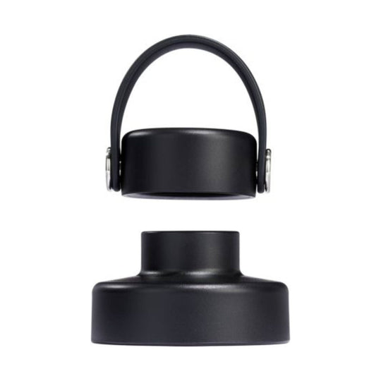 Black wide-mouth water bottle cap with loop handle, shown above the bottle opening