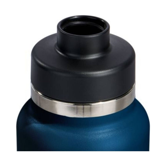 Blue insulated water bottle with black chug cap and stainless steel band