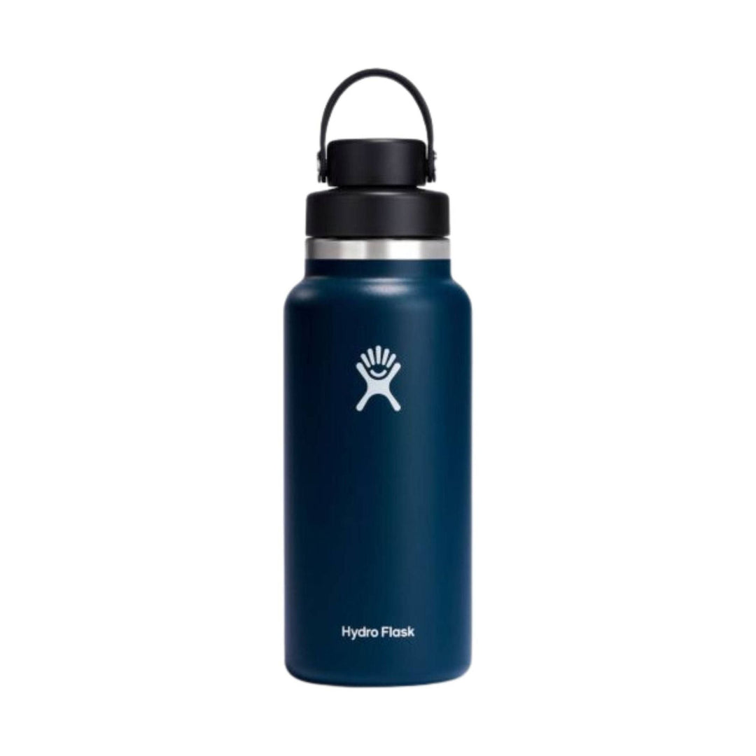 Insulated navy water bottle with black chug cap and carry loop