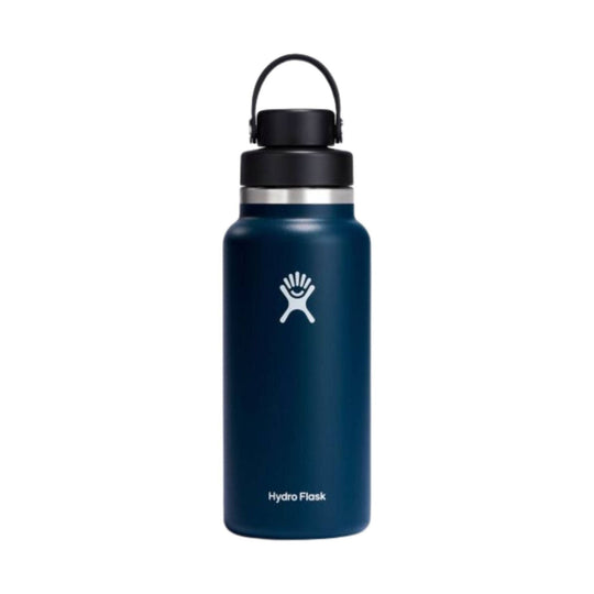 Insulated navy water bottle with black chug cap and carry loop