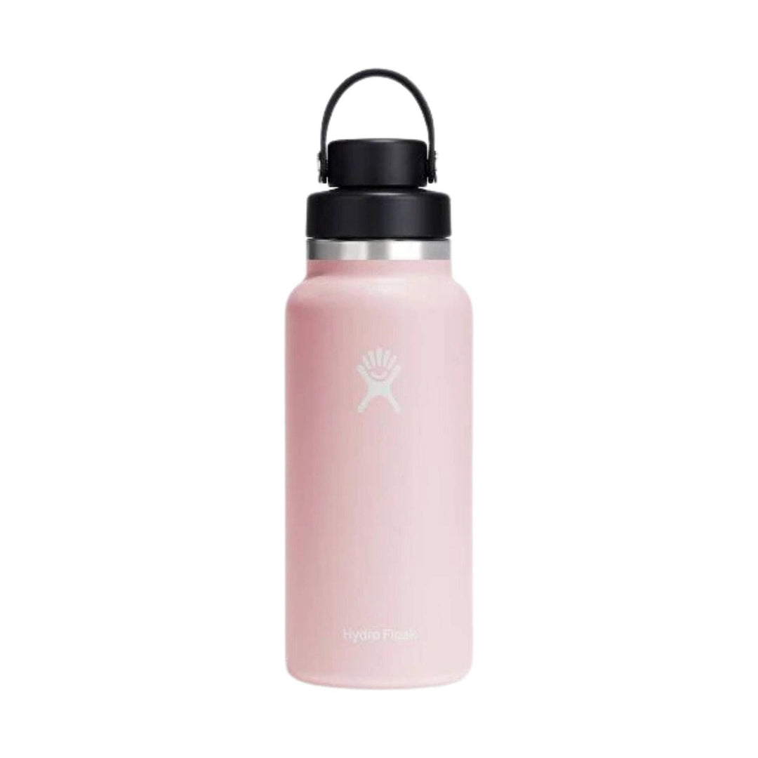 Pink insulated water bottle with black screw-on cap and loop handle