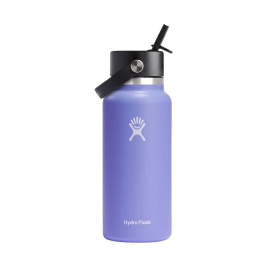 Purple insulated water bottle with black straw lid and visible Hydro Flask logo