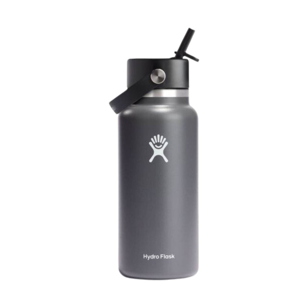 Gray insulated water bottle with black screw-on straw lid and carry loop