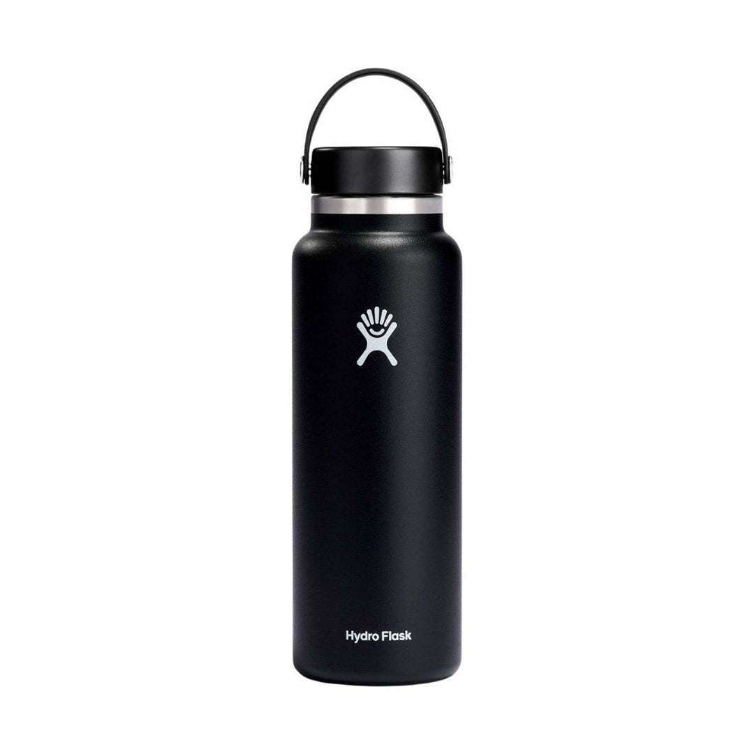 Black insulated water bottle with a carry handle and silver band near the lid