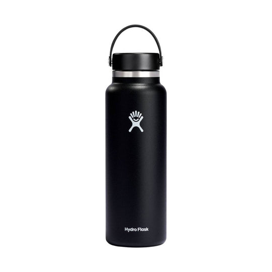 Black insulated water bottle with a carry handle and silver band near the lid