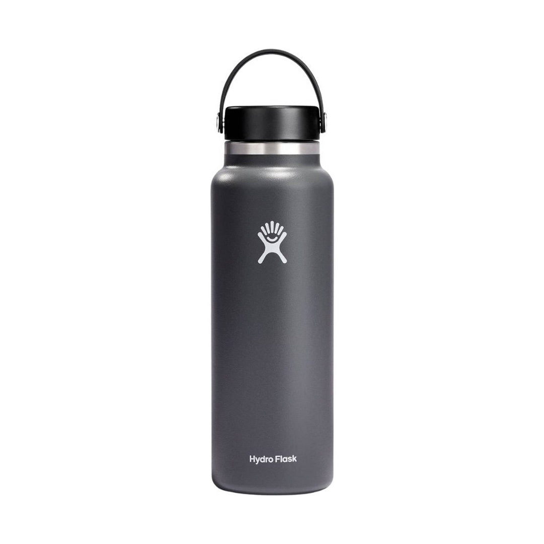 Dark gray insulated water bottle with a black lid, carry handle, and white logo on the front