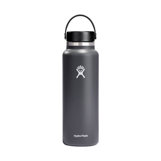 Dark gray insulated water bottle with a black lid, carry handle, and white logo on the front