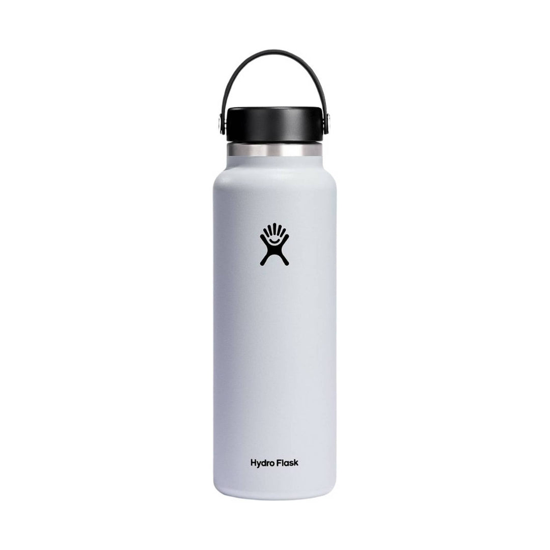 Light gray stainless steel water bottle with black lid and carry loop