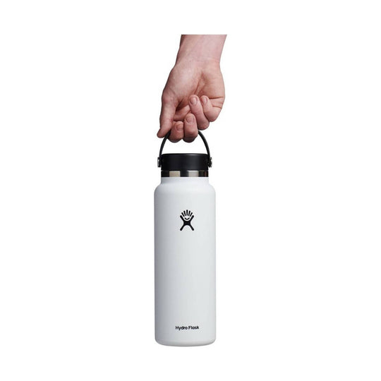 White insulated water bottle with black cap and carry handle